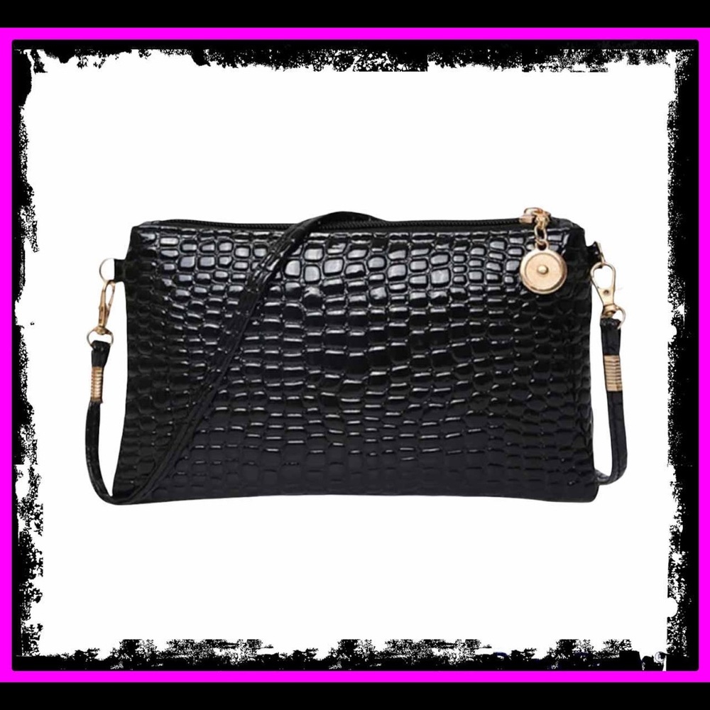 New Black & Gold Vegan Leather Croc Embossed Crossbody Bag - Picture 16 of 16